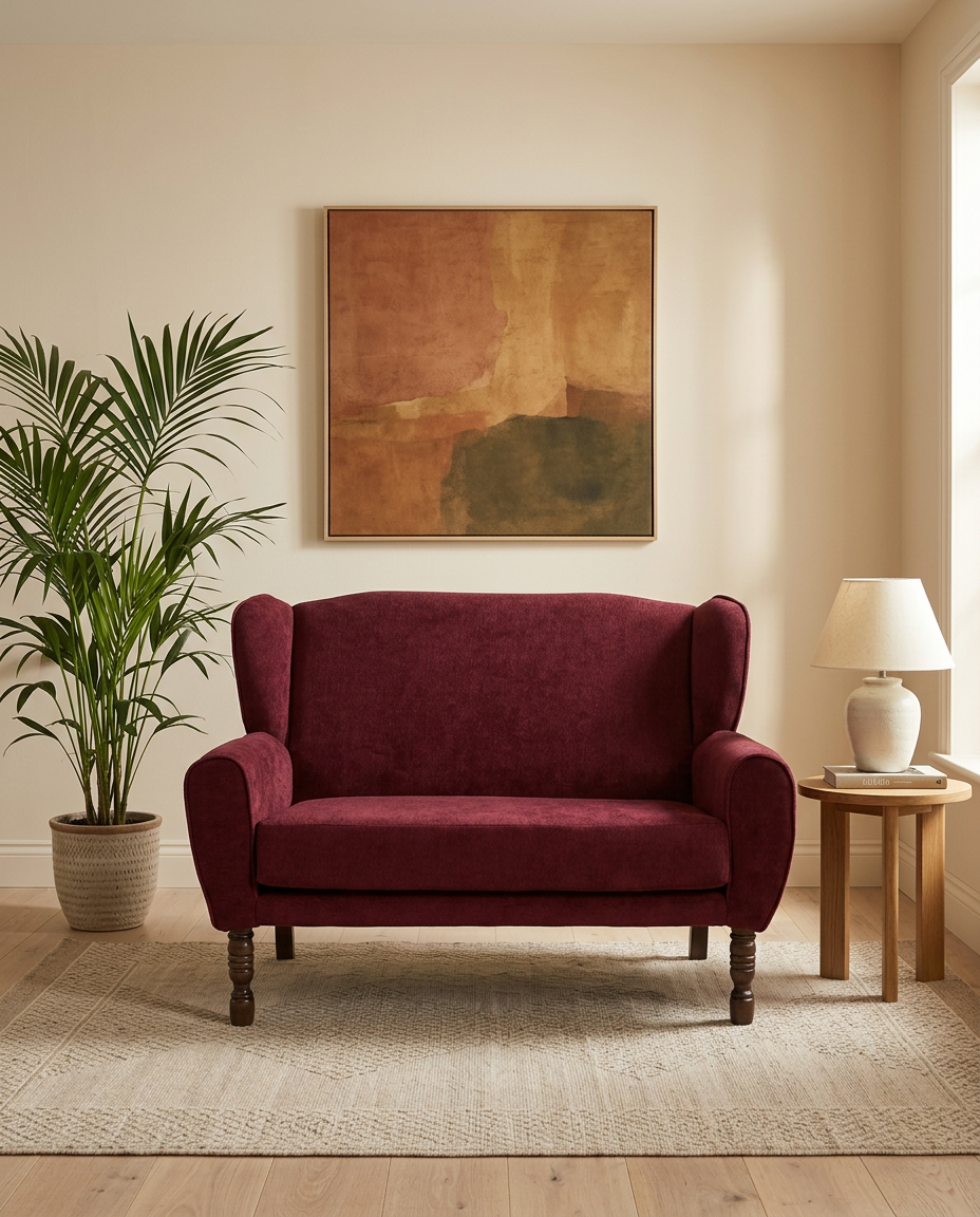 Redesigned burgundy wingback loveseat styled in a warm contemporary living room with abstract art, palm plant and side table lamp
