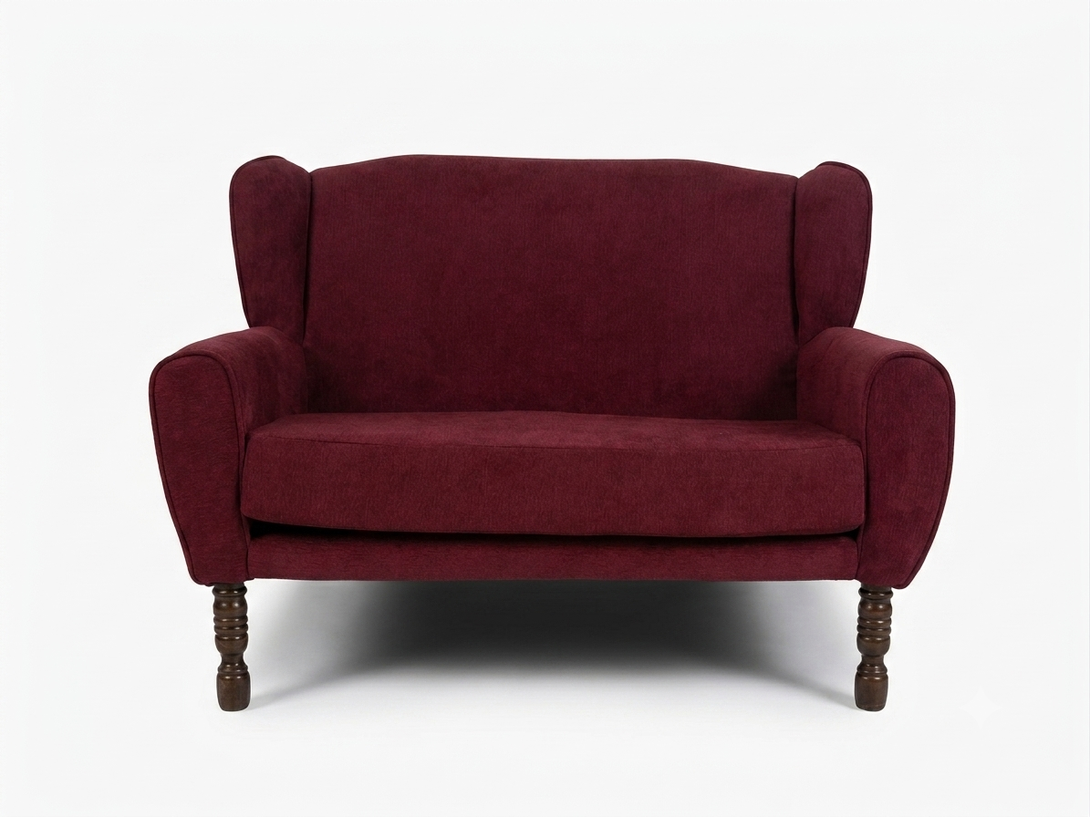 Redesigned modern wingback loveseat in deep burgundy chenille with turned wooden legs — after Pixy G.R.I.N. redesign