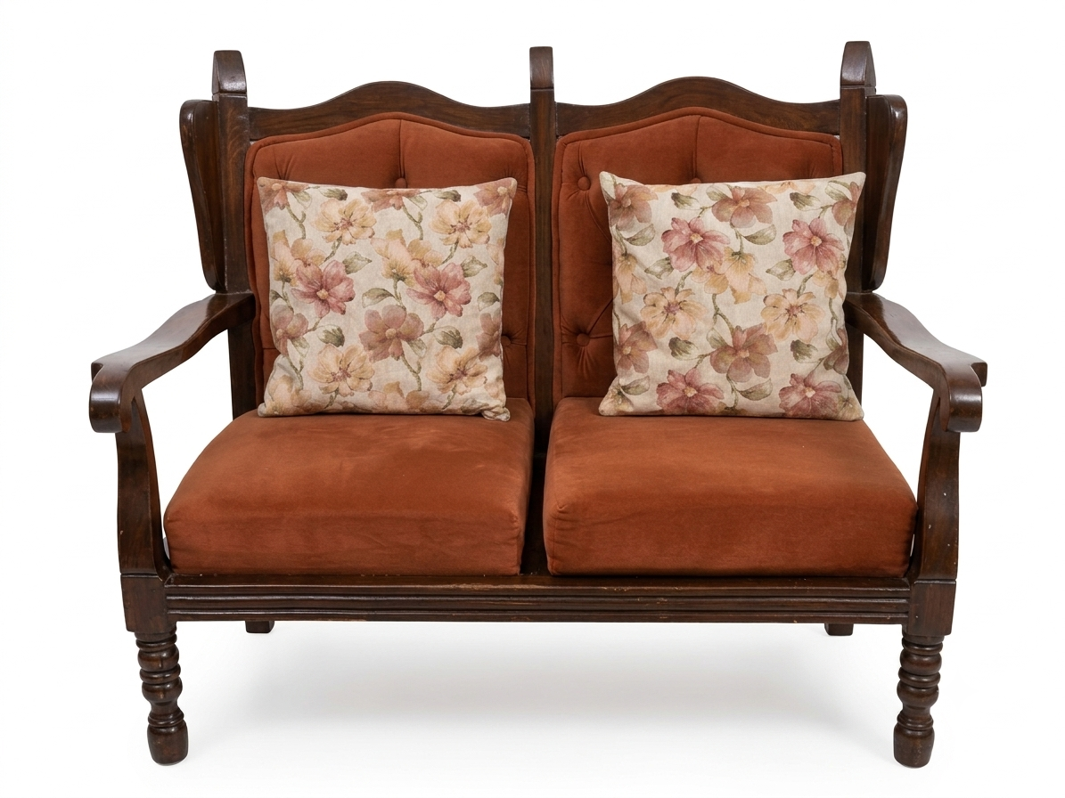 Traditional two-seater sofa with dark wood frame, worn rust cushions and floral pillows — before Pixy G.R.I.N. redesign