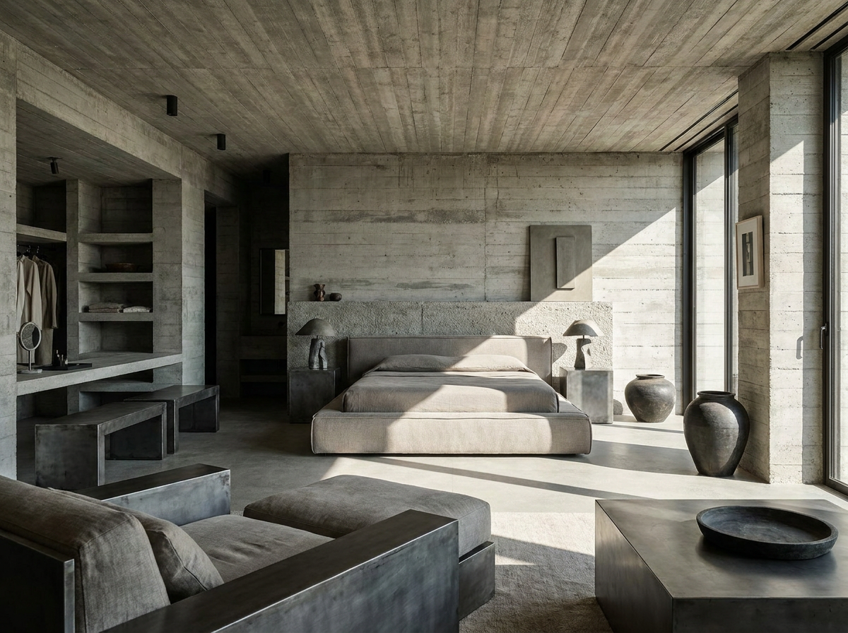 Architectural Contemporary master bedroom in an Indian home